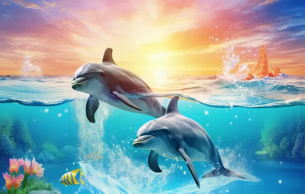 Water, Two, Dolphins, Underwater world, Digital art, AI art, The Art of Artificial Intelligence, Neural …