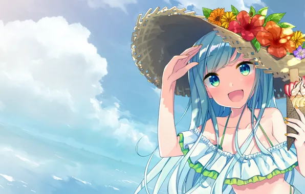 Picture sea, flowers, ice cream, girl, vacation, blue hair, blue sky, straw hat