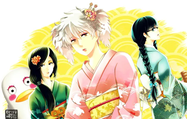 Picture glasses, parody, kimono, hairstyles, geisha, braids, Gintama, Sakata Gintoki