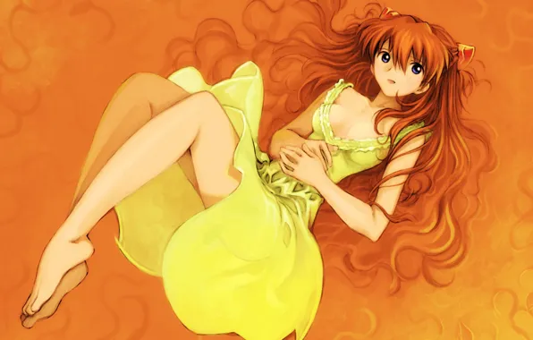 Hands, red, Neon Genesis Evangelion, knees, barefoot, Asuka Soryu Langley, cat ears, yellow dress
