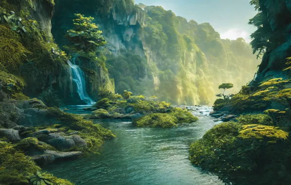 Landscape, mountains, nature, fog, river, stones, rocks, shore