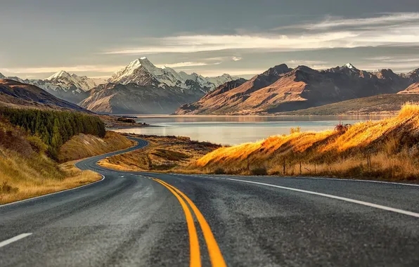 Picture road, the sky, clouds, landscape, mountains, nature, lake, horizon