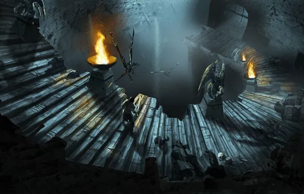 Fire, warrior, skull, gargoyles, Dungeon