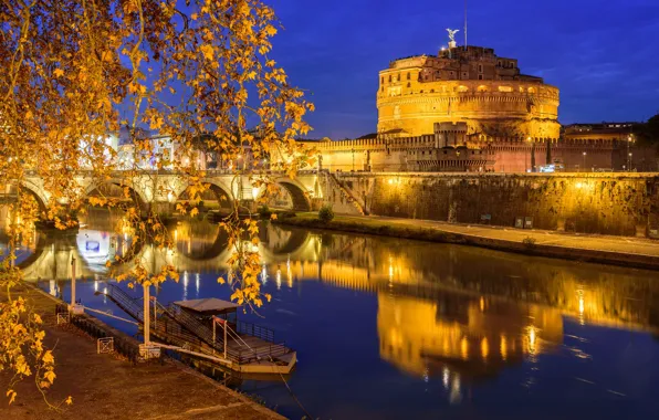 Night, lights, reflection, river, Rome, Italy, The Tiber, Castel Sant'angelo