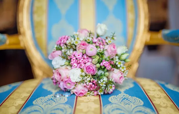 Roses, ring, chair, wedding bouquet