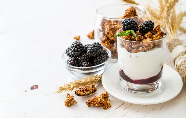 Glass, berries, Breakfast, BlackBerry, jam, yogurt, granola, Naumenko Oleksandra