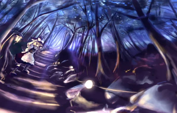 Road, forest, girl, trees, night, nature, anime, art