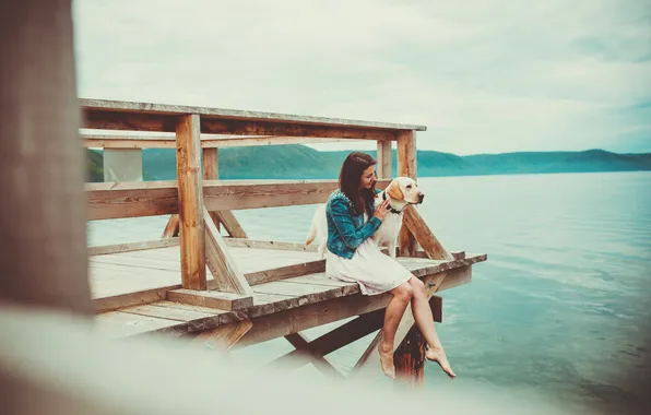 Girl, lake, Marina, dog, Baikal