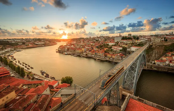 The sky, landscape, bridge, lights, river, home, panorama, Portugal