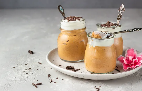 Jars, dessert, chocolate, mousse, whipped cream