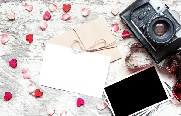 Picture photo, camera, frame, petals, hearts, love, vintage, photo
