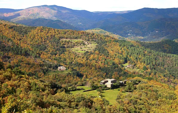 Picture autumn, forest, the sun, trees, mountains, France, house, the view from the top