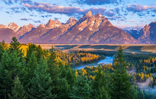 Landscape, mountains, USA, river, Grand Teton National Park