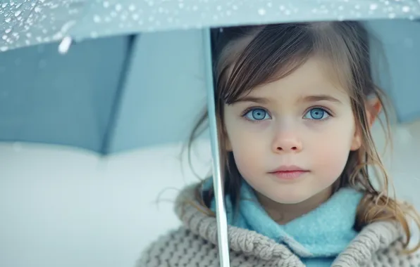 Look, face, rain, portrait, umbrella, girl, blue eyes, sweater