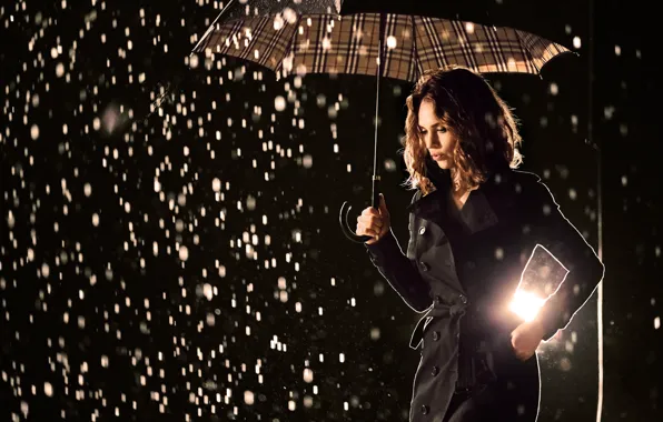 Drops, light, night, rain, model, umbrella, advertising, actress