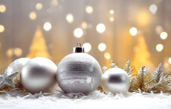 Balls, lights, star, silver, Shine, Christmas, New year, tinsel