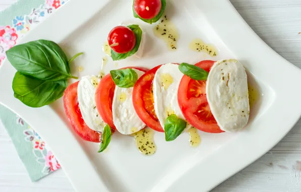 Oil, cheese, tomatoes, food, salad, appetizer, Basil, Caprese