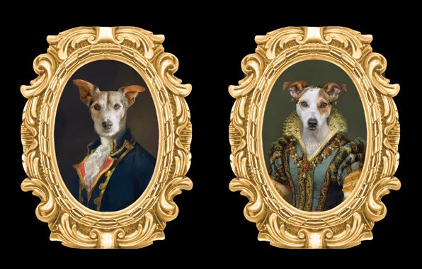 Picture frame, portrait, dog, picture, image, black background, the middle ages