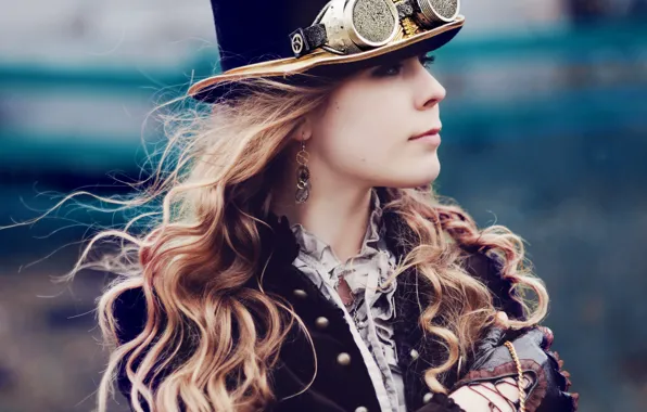 Picture girl, hair, hat, earrings, cylinder, Steampunk, the Victorian era, goggle