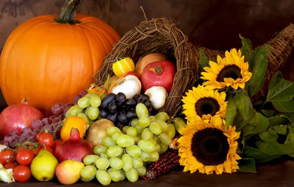 Sunflowers, grapes, pumpkin, fruit, still life, vegetables, a lot, grenades