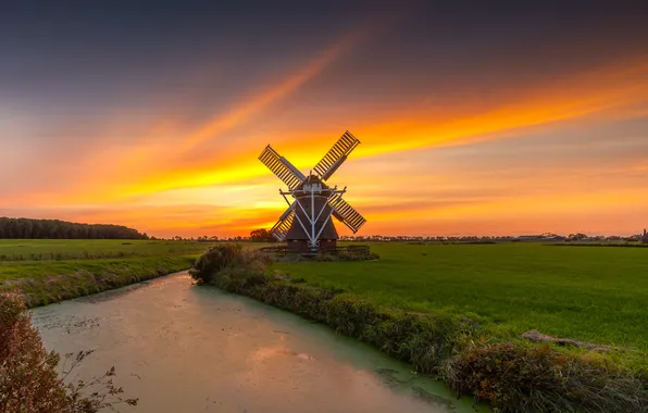 Field, sunset, dawn, channel, pond, Bank, windmill