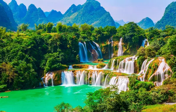 Forest, waterfall, Vietnam, threads, Ban Gioc Falls