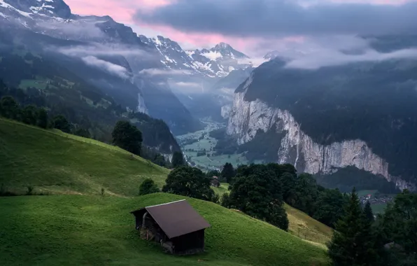 Mountains, slope, Alps, house