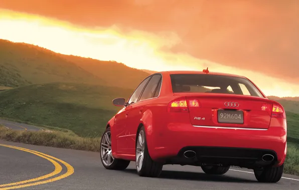 Road, auto, the sky, sunset, red, strip, audi, Wallpaper