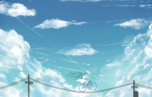 The sky, girl, clouds, bike, posts, wire, anime, art
