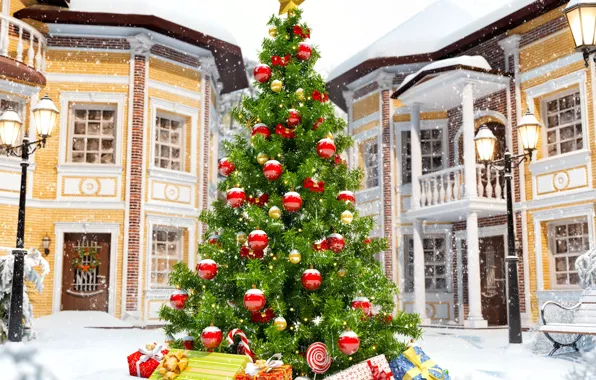 Picture winter, snow, merry christmas, decoration, christmas tree, holiday celebration