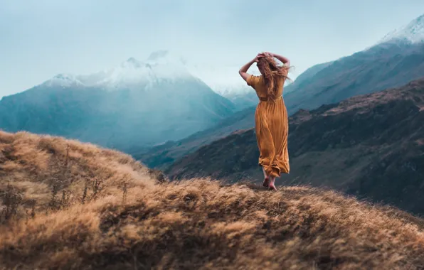 Autumn, the sky, grass, girl, snow, mountains, pose, fog