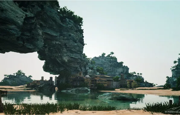 Rock, building, pond, settlement, Hidden