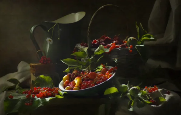 Leaves, light, cherry, berries, raspberry, harvest, pitcher, still life