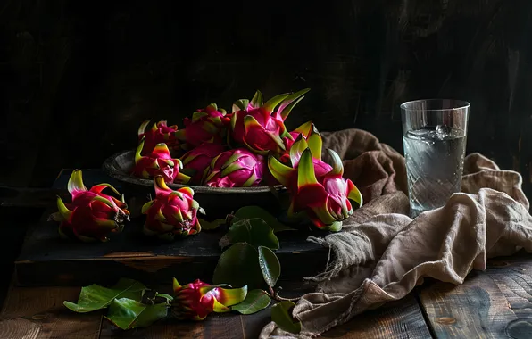 Board, fruit, pink, black background, still life, pitaya, AI art, neural network