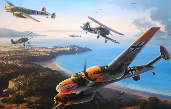 Picture war, art, painting, aviation, drawing, ww2, dogfight, gladiator mk2