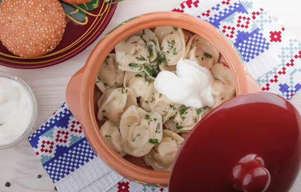 Greens, table, towel, pot, cover, bun, sour cream, dumplings