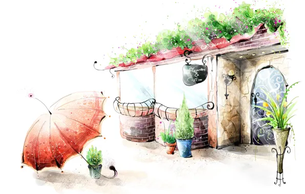 Picture flowers, umbrella, figure, lantern, cafe, railings, vase, pots
