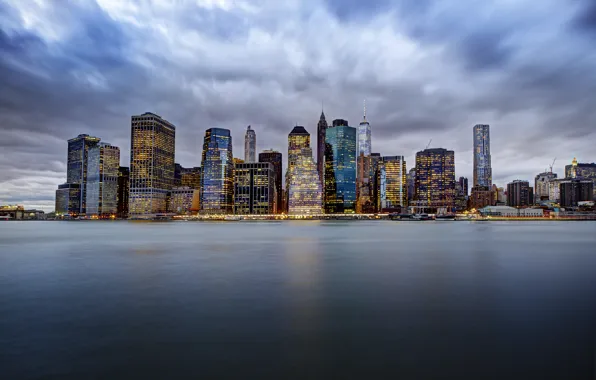 Clouds, lights, New York, Manhattan, United States, The Hudson River, horizon