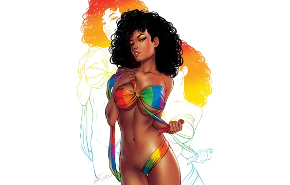 Colorful, long hair, women, digital art, big boobs, dark hair, lipstick, looking at viewer