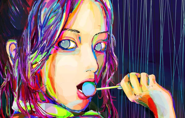Picture eyes, girl, colorful, art, candy, lips, miyano kensuke