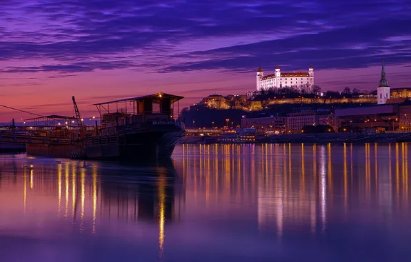 Night, river, ship, Bratislava
