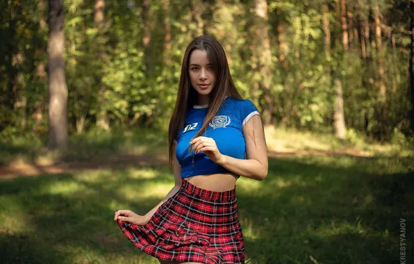 Girl, grass, forest, trees, model, bokeh, brunette, T-shirt