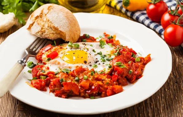 Breakfast, bread, tomatoes, parsley, bacon and eggs
