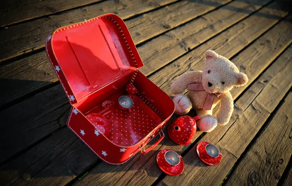 The game, toys, Board, bear, dishes, suitcase, plush