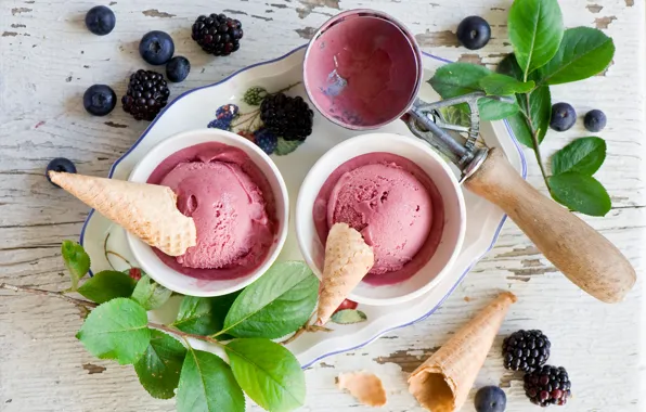 Berries, ice cream, waffles