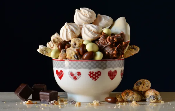 Picture food, bowl, black background, still life, pastry, different, composition