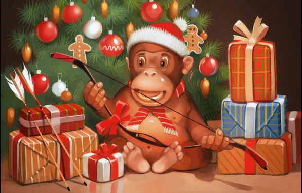 Picture mood, holiday, gift, tree, new year, Christmas, bow, monkey