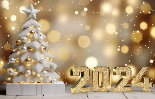 Balls, tree, New Year, Christmas, figures, golden, new year, happy