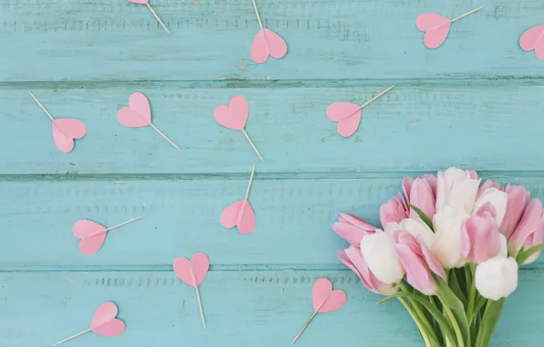 Background, blue, bouquet, hearts, tulips, wood