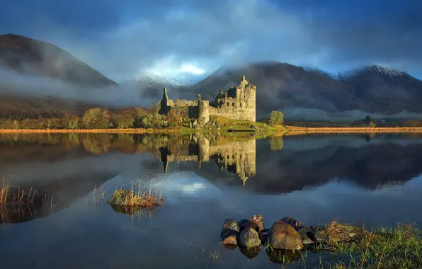 Picture mountains, lake, castle